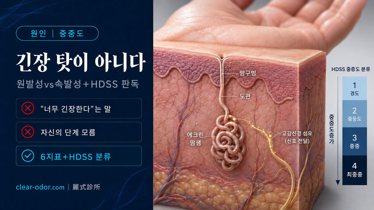 수장 다한증은 왜 생기나? 원발성·속발성 원인 + 중증도 자가 분류