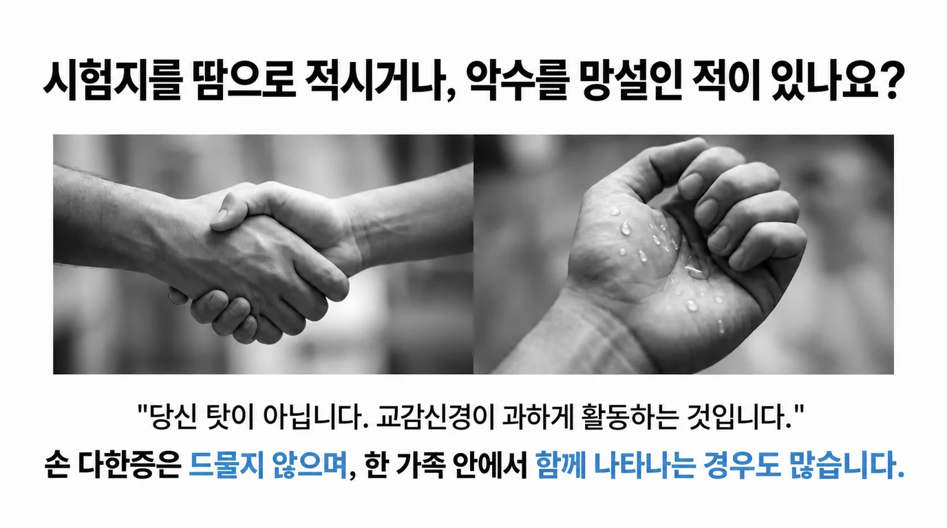 손 다한증의 일상 고민: 시험지를 적시고 악수를 망설이게 됨